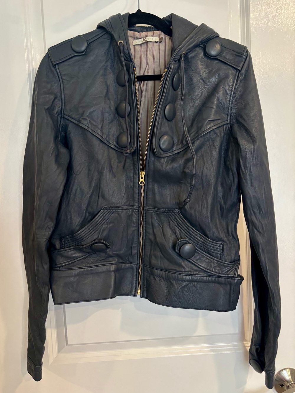 Mike & Chris Ash Blue Leather Hooded Bomber Jacket, Sz L/8